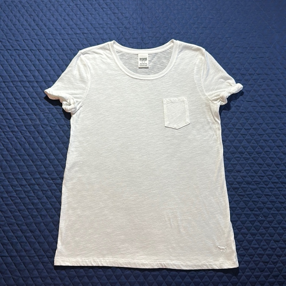 PINK Victoria Secret White Pocket T with Cuffed Short Sleeves. Small.